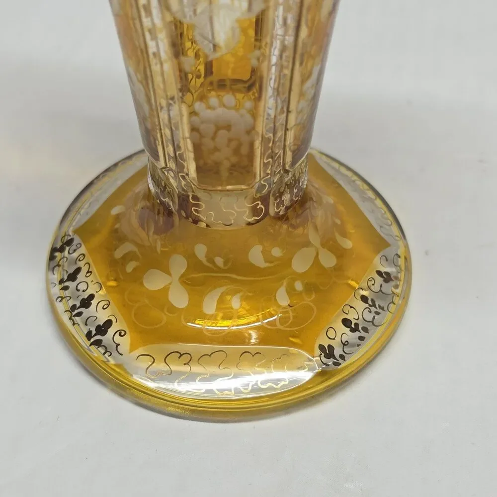 Vintage Old Bohemian Etched Crystal Honey Amber Czech Vase 8”